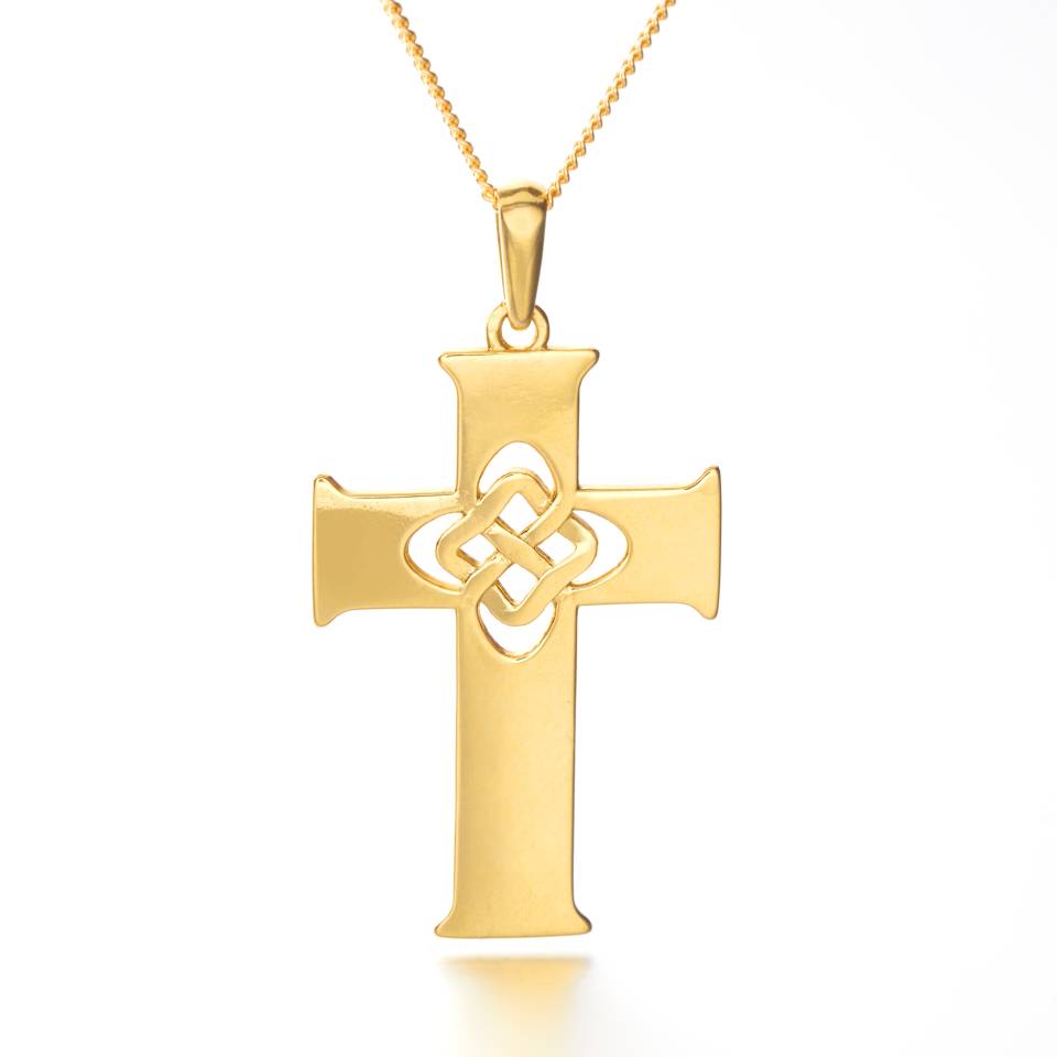 Handcrafted 18ct Eryri Welsh gold Celtic cross pendant with openwork knotwork