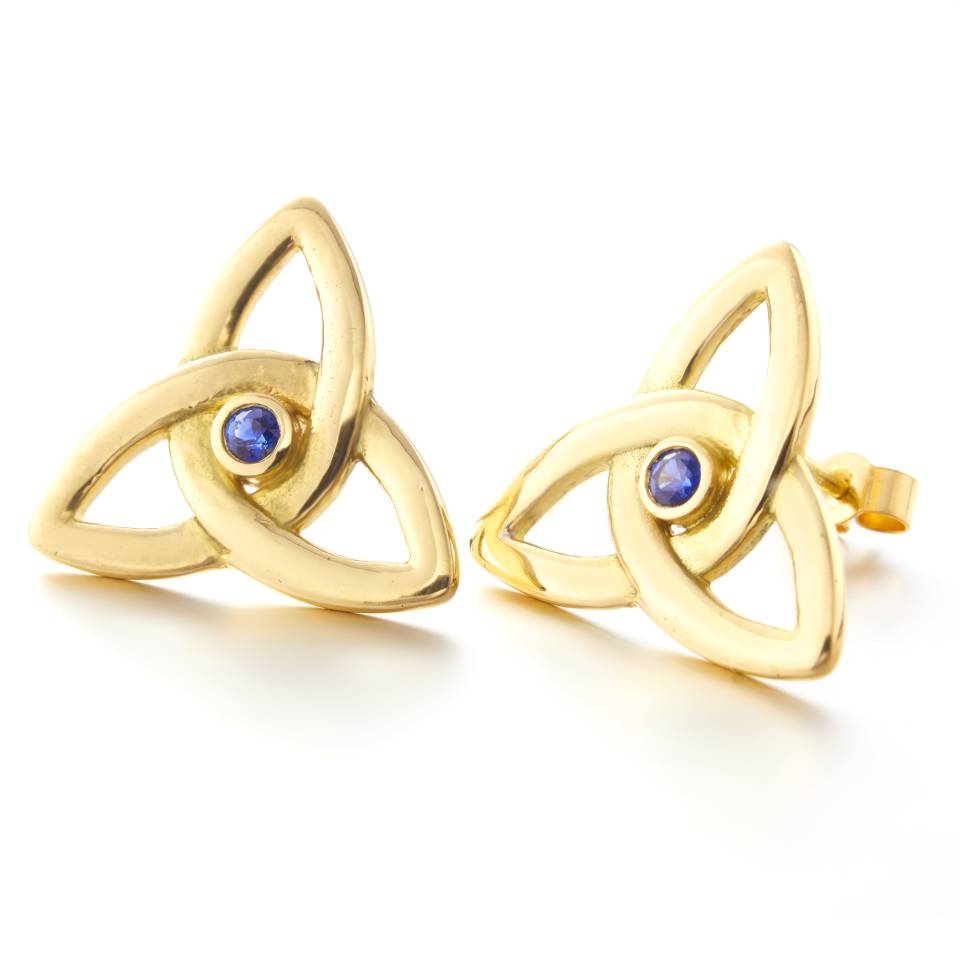Handcrafted 18ct Eryri Welsh gold Trinity Knot stud earrings set with blue sapphires