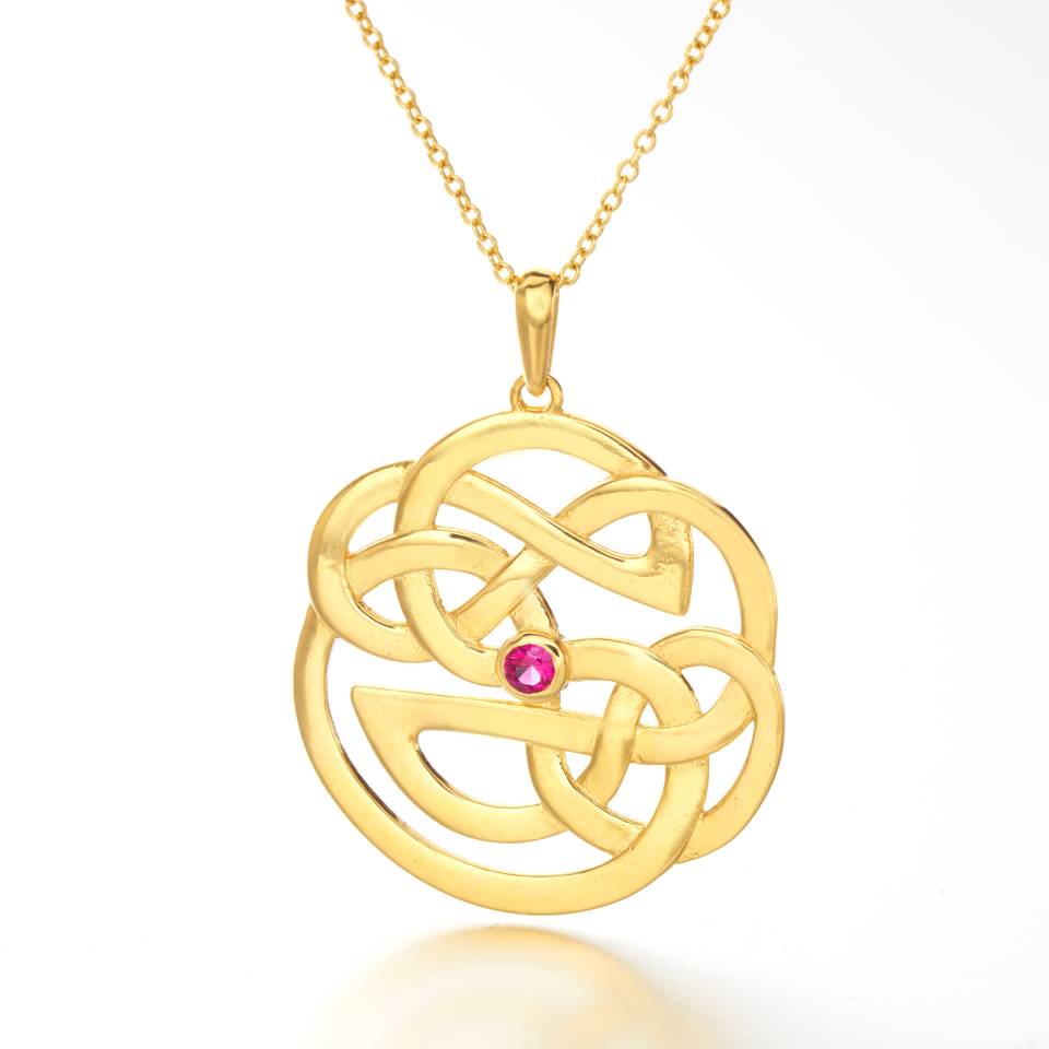 Handcrafted 18ct Eryri Welsh gold Celtic swirl medallion pendant with a 0.2ct ruby on an 18-inch gold trace chain