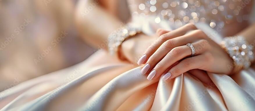 An elegant lifestyle image featuring a bride’s hands resting on silk fabric, wearing a diamond-set Welsh gold ring to represent the bridal jewellery category.