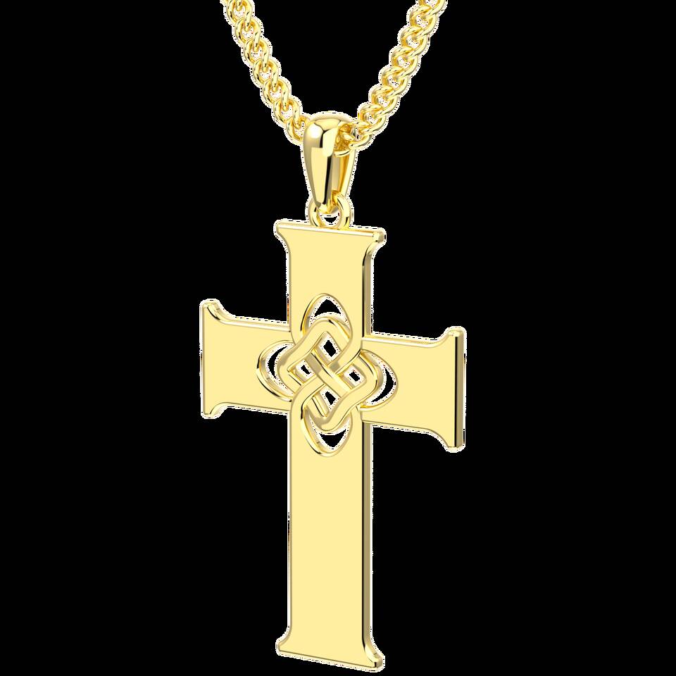 Three-quarter angle view of a solid Welsh gold Celtic cross pendant highlighting the 3D central Celtic knot design.