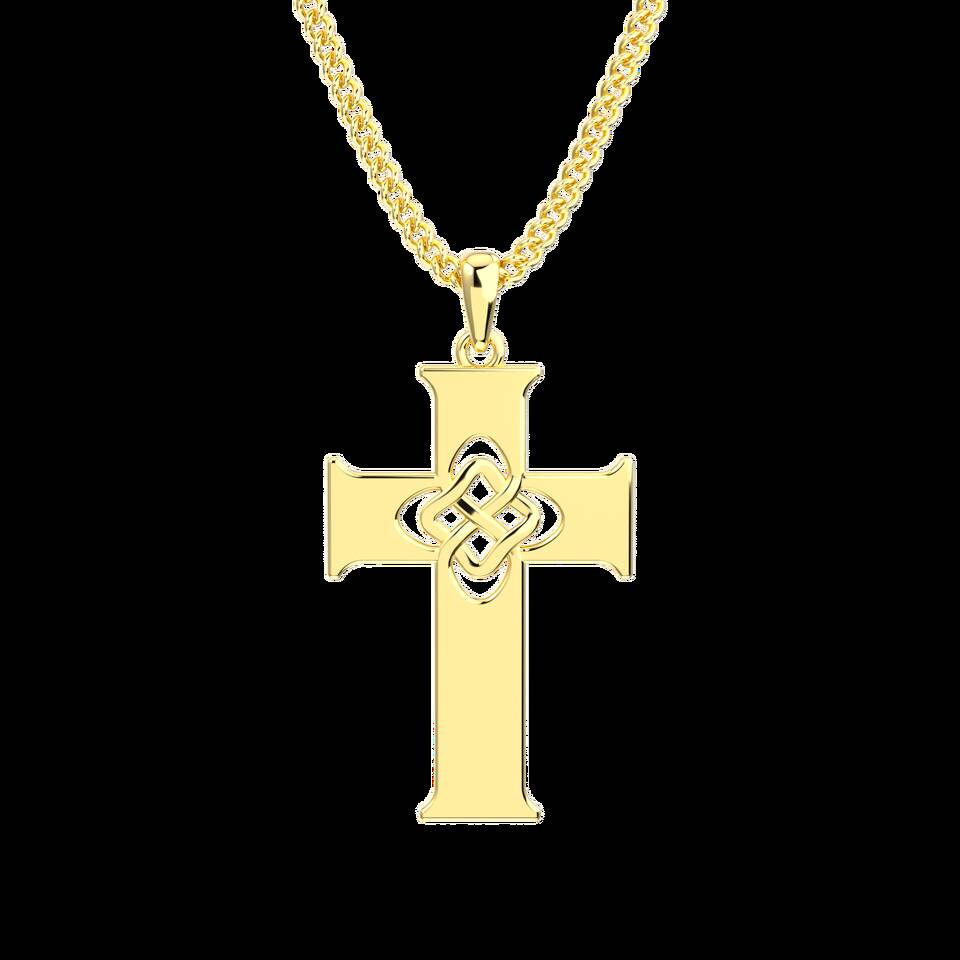 Front view of the 100% Welsh gold Celtic cross pendant suspended from an 18-inch recycled gold curb chain.