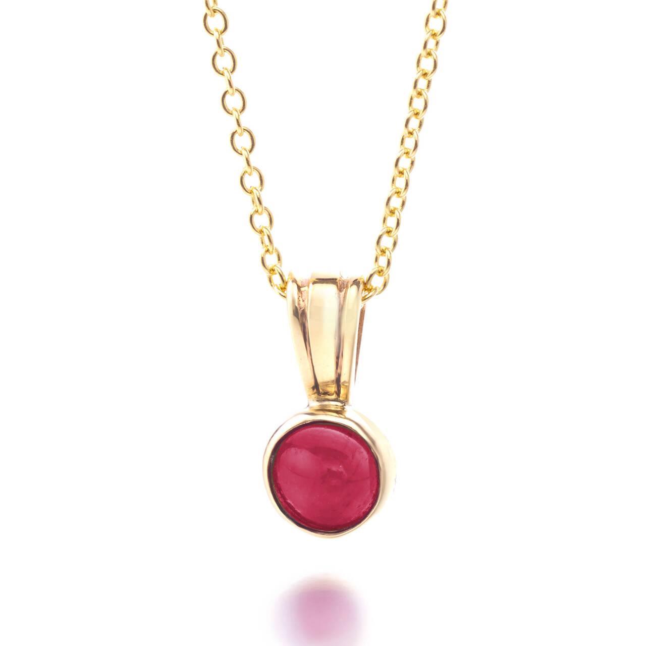 Handcrafted 100% Welsh gold pendant featuring a 5mm round Ruby gemstone in a bezel setting on an 18" recycled gold chain