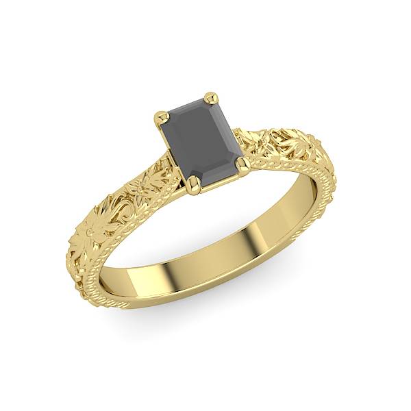 A bespoke 18ct engagement ring featuring hand engraved floral design on the band and an emerald-cut black diamond