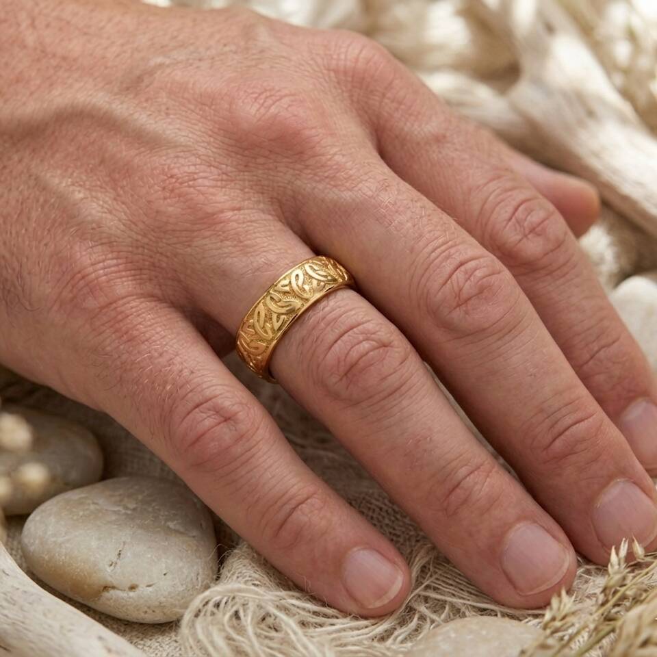 A 100% Welsh gold Celtic band engraved with an intricate Triquetra Trinity knot pattern worn on a man's hand, set against pebbles and natural textures.