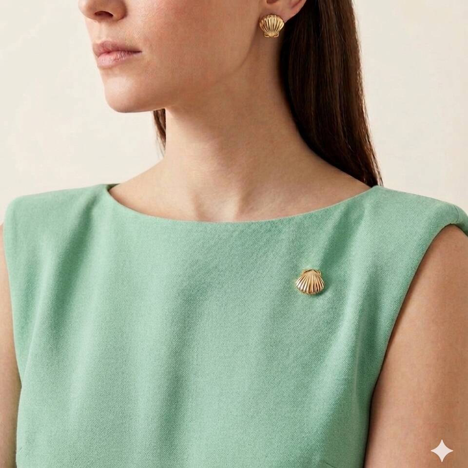 100% Welsh Gold Scallop Shell Brooch and Pair of Earrings Set