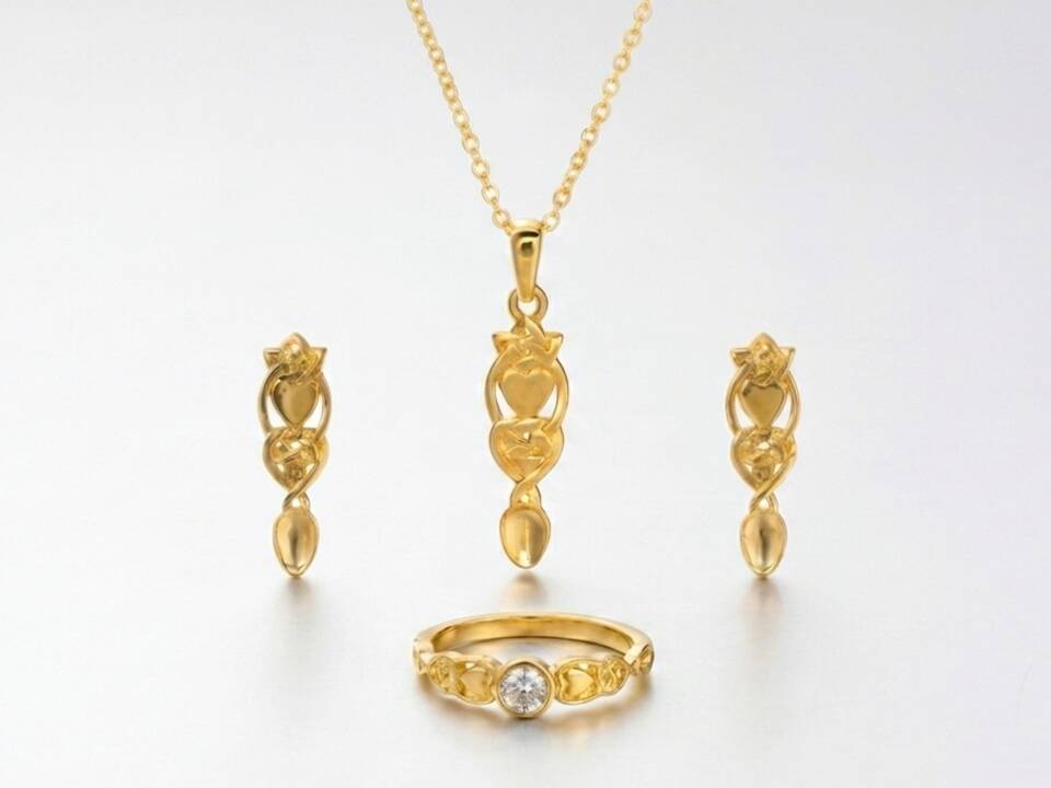 The 100% Welsh gold Love Spoon pendant displayed alongside matching Welsh gold Love Spoon drop earrings and a solitaire diamond ring.