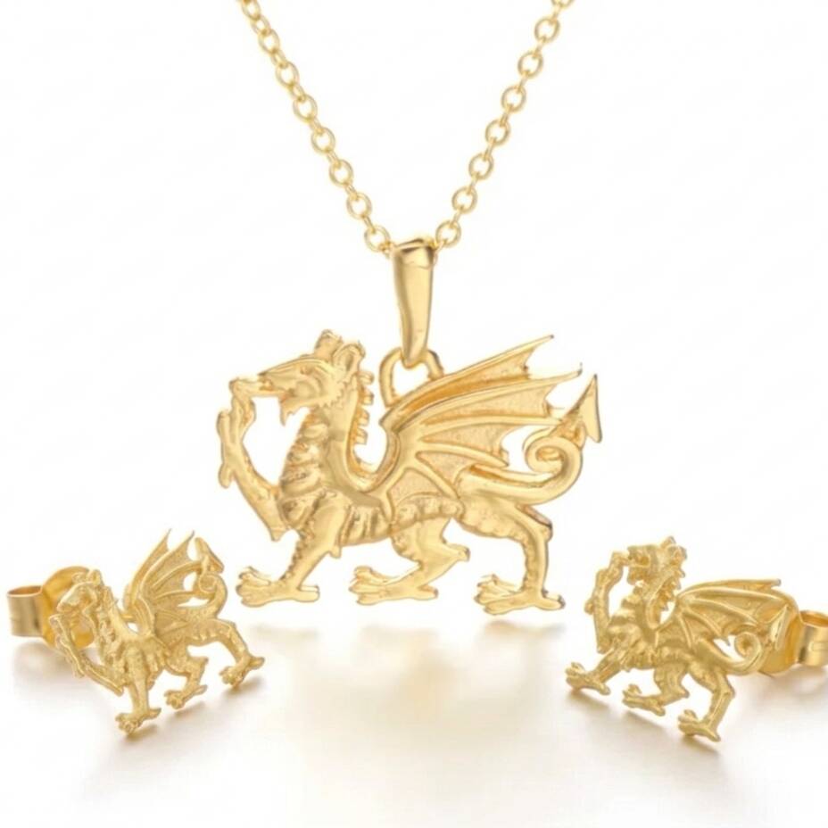 Matching set of 20% Welsh gold dragon pendant necklace and dragon stud earrings