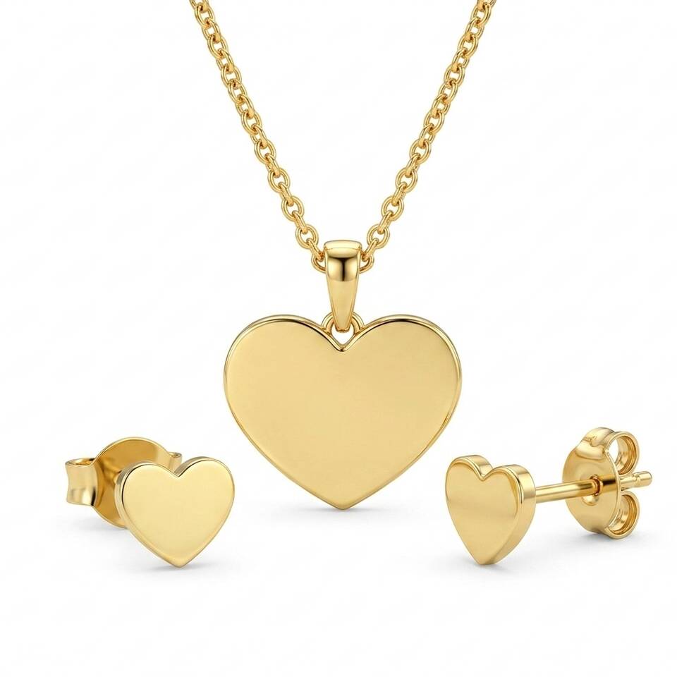 Dainty 18ct Eryri Welsh gold heart stud earrings and necklace pendant set shown in a gift presentation style