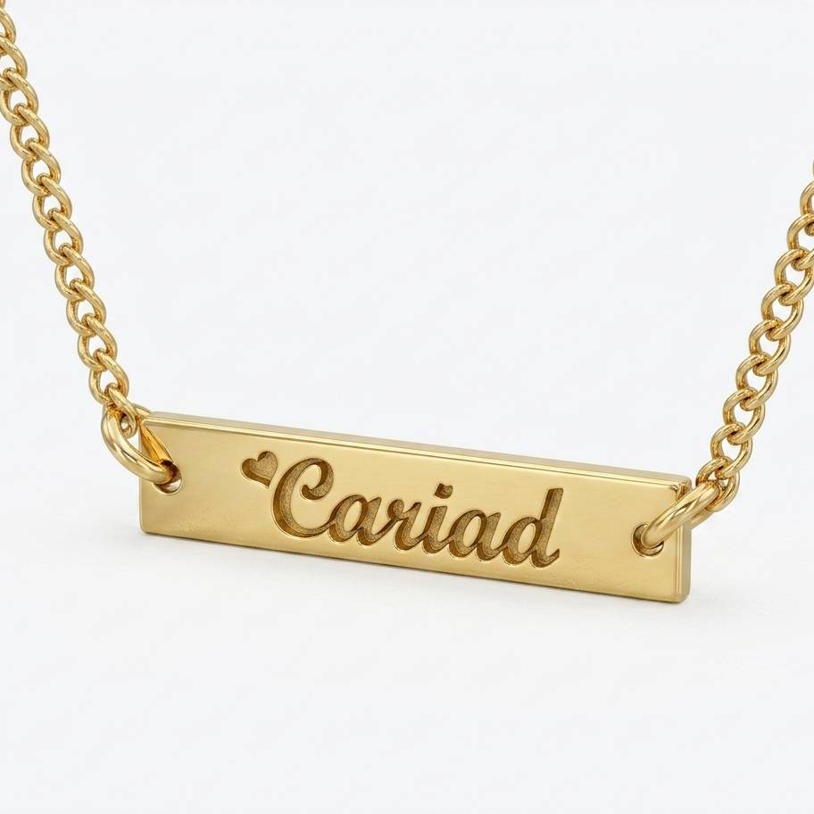 18ct Eryri Welsh gold horizontal plain bar pendant custom engraved with the Welsh word Cariad