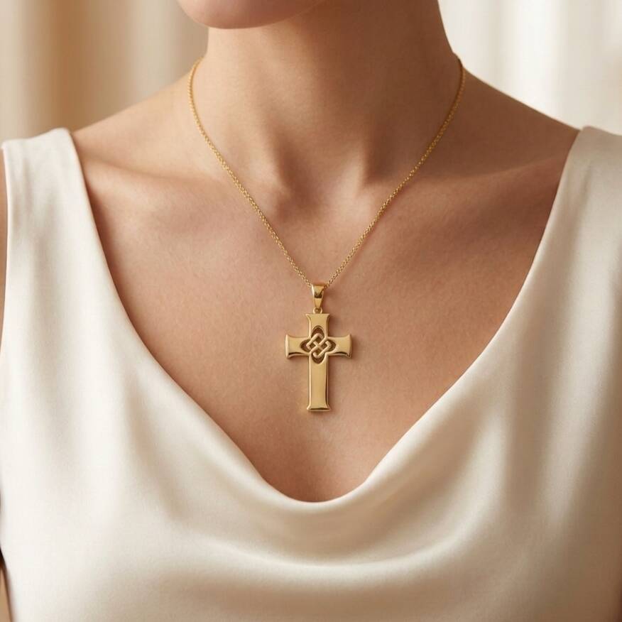 A model wearing the 30mm x 20mm 100% Welsh gold Celtic cross pendant necklace on an 18-inch curb chain.
