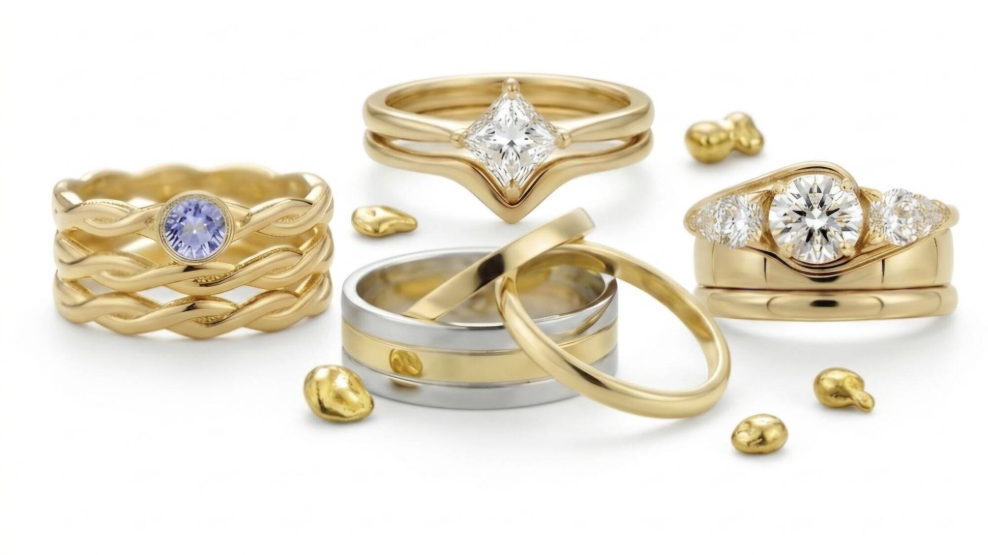 A selection of Welsh gold 100% and 20% Welsh gold rings showcasing diamond, gemstone, and Celtic band designs