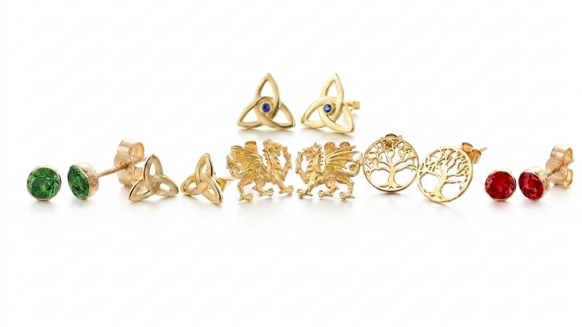 Assortment of fine Welsh gold stud and drop earrings featuring Celtic knotwork, birthstones, Love Spoons, and Welsh Dragon motifs.