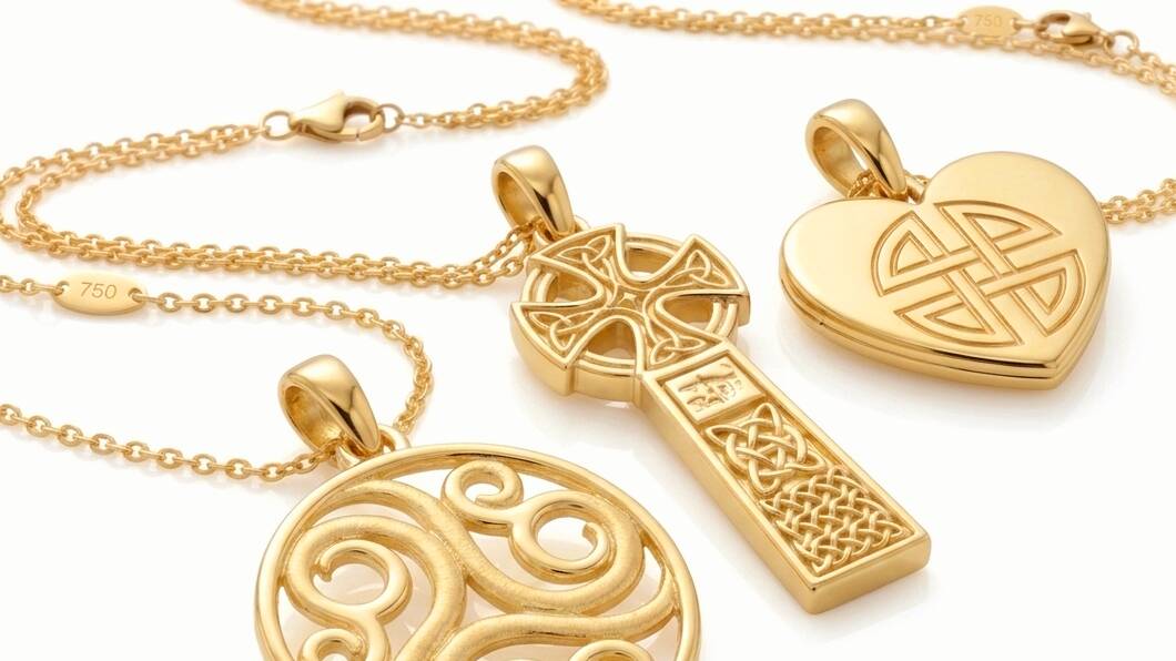 Selection of fine Welsh gold pendants including a Celtic cross, Triskele medallion, and gold heart on delicate chains.