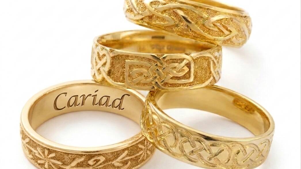 A collection of Welsh gold rings featuring intricate Celtic knotwork and a custom internal engraving reading Cariad.