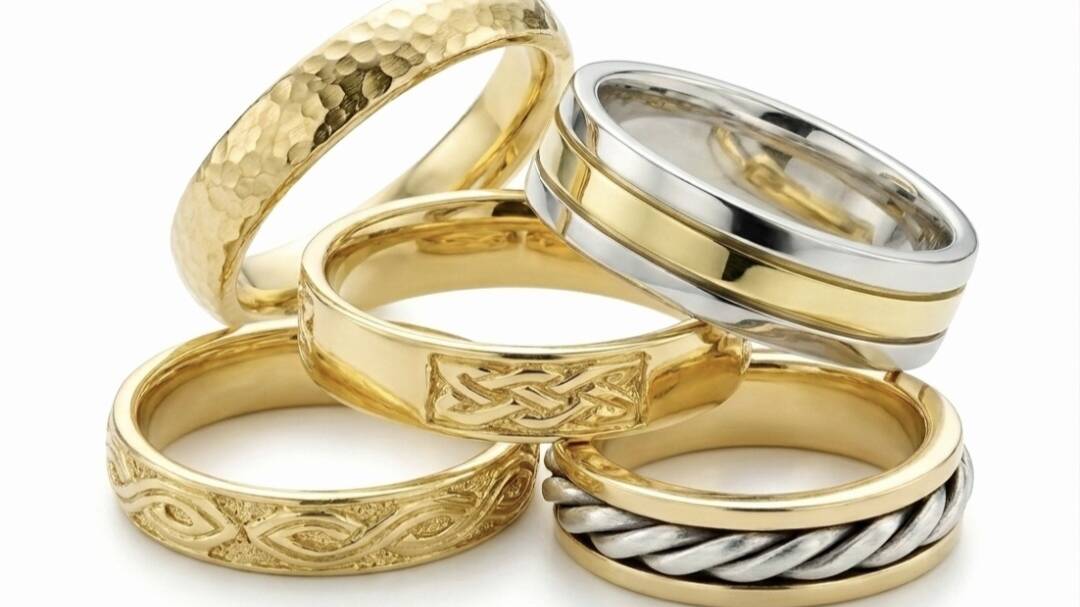 A stack of unique Welsh gold wedding rings featuring hammered, Celtic knot, engraved, and mixed-metal twisted band designs against a plain white background.