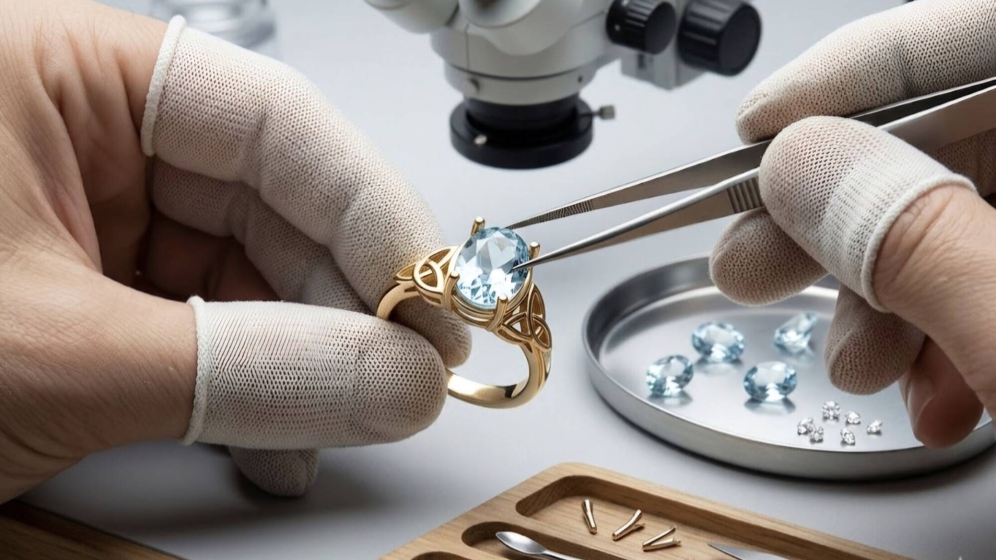 A master goldsmith using tweezers to inspect an oval light blue aquamarine gemstone being set into a bespoke Welsh gold celtic ring.
