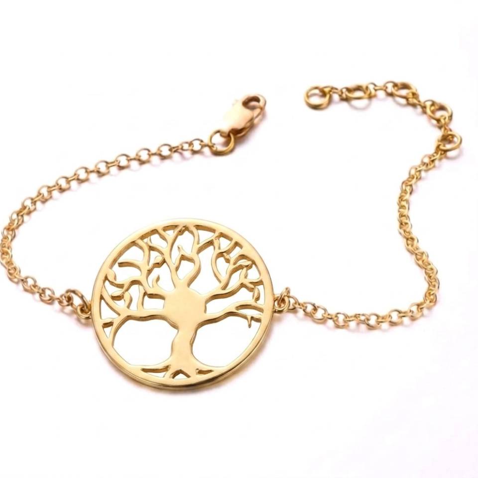 Handcrafted 18ct Eryri Welsh gold Tree of Life disc bracelet set with a sapphire