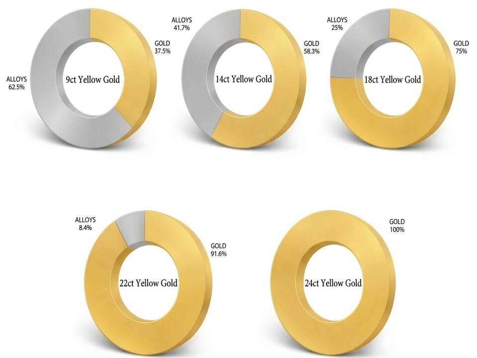 Infographic displaying gold purity percentages across 9ct, 14ct, 18ct, 22ct, and 24ct yellow gold ring charts, showing the ratio of pure gold to alloy metals.