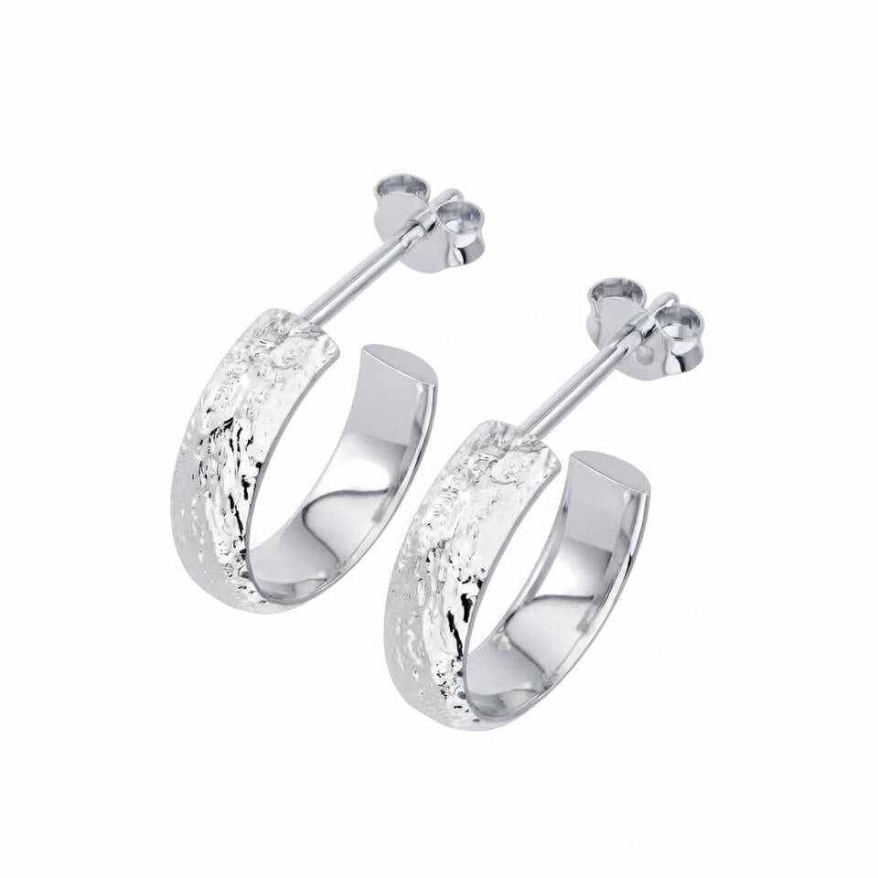 Pair of 5% Welsh silver thick open hoop earrings with an organic hammered texture finish