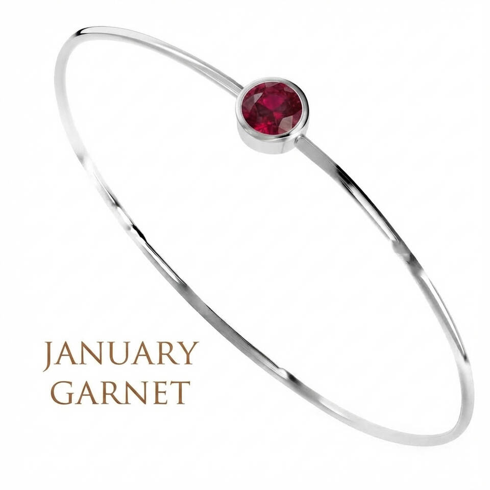 Handmade 5% Welsh silver wire bangle set with a 5mm natural Garnet birthstone for January