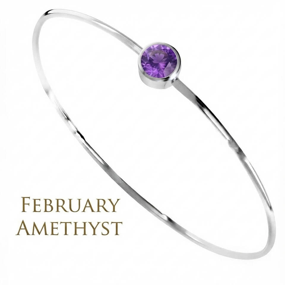 Handmade 5% Welsh silver wire bangle set with a 5mm natural Amethyst birthstone for February