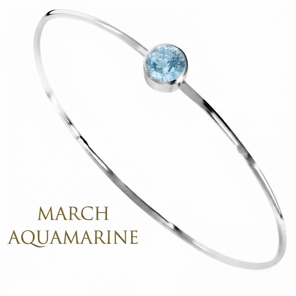 Handmade 5% Welsh silver wire bangle set with a 5mm natural Aquamarine birthstone for March