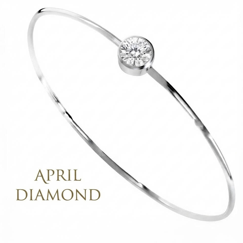 Handmade 5% Welsh silver wire bangle set with a 5mm natural Diamond birthstone for April