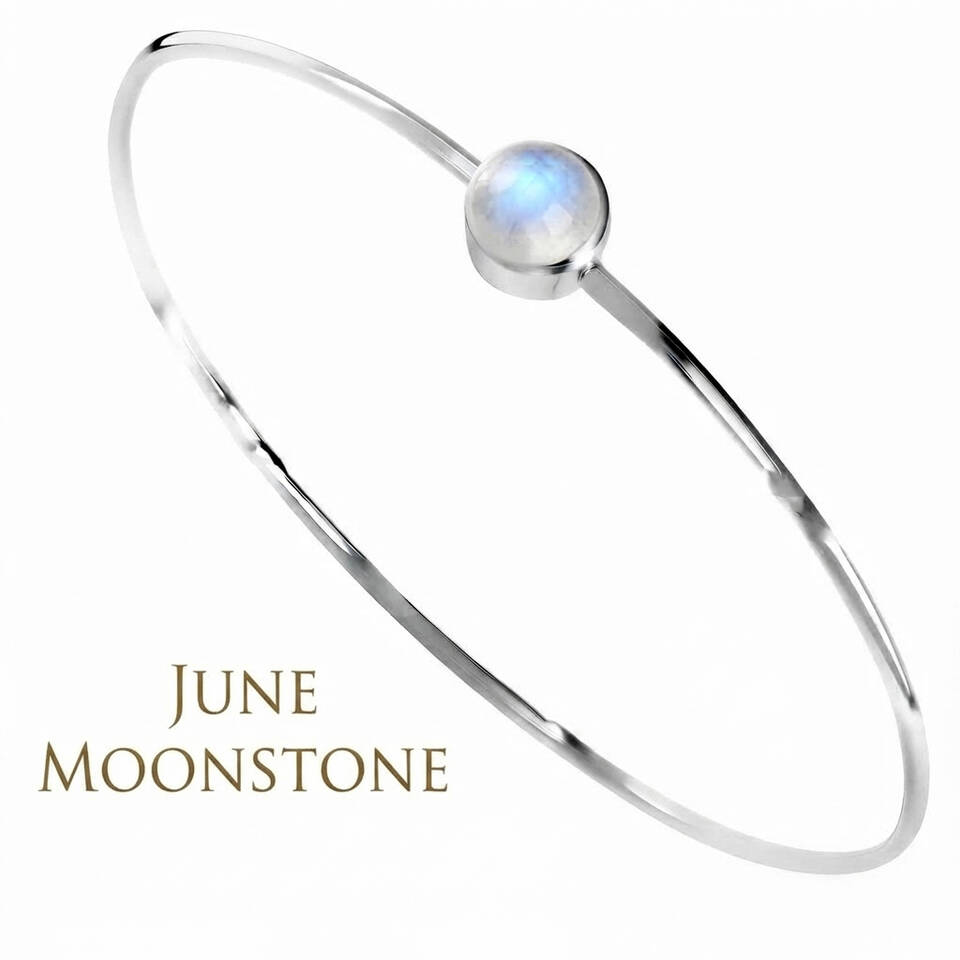 Handmade 5% Welsh silver wire bangle set with a 5mm natural Moonstone birthstone for June