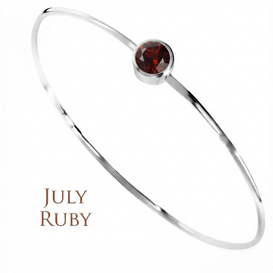 Handmade 5% Welsh silver wire bangle set with a 5mm natural Ruby birthstone for July