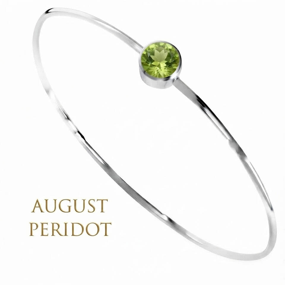 Handmade 5% Welsh silver wire bangle set with a 5mm natural Peridot birthstone for August