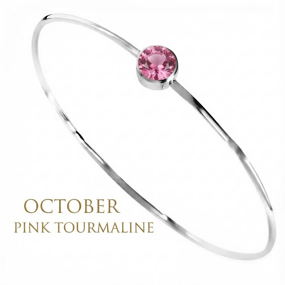 Handmade 5% Welsh silver wire bangle set with a 5mm natural Opal birthstone for October