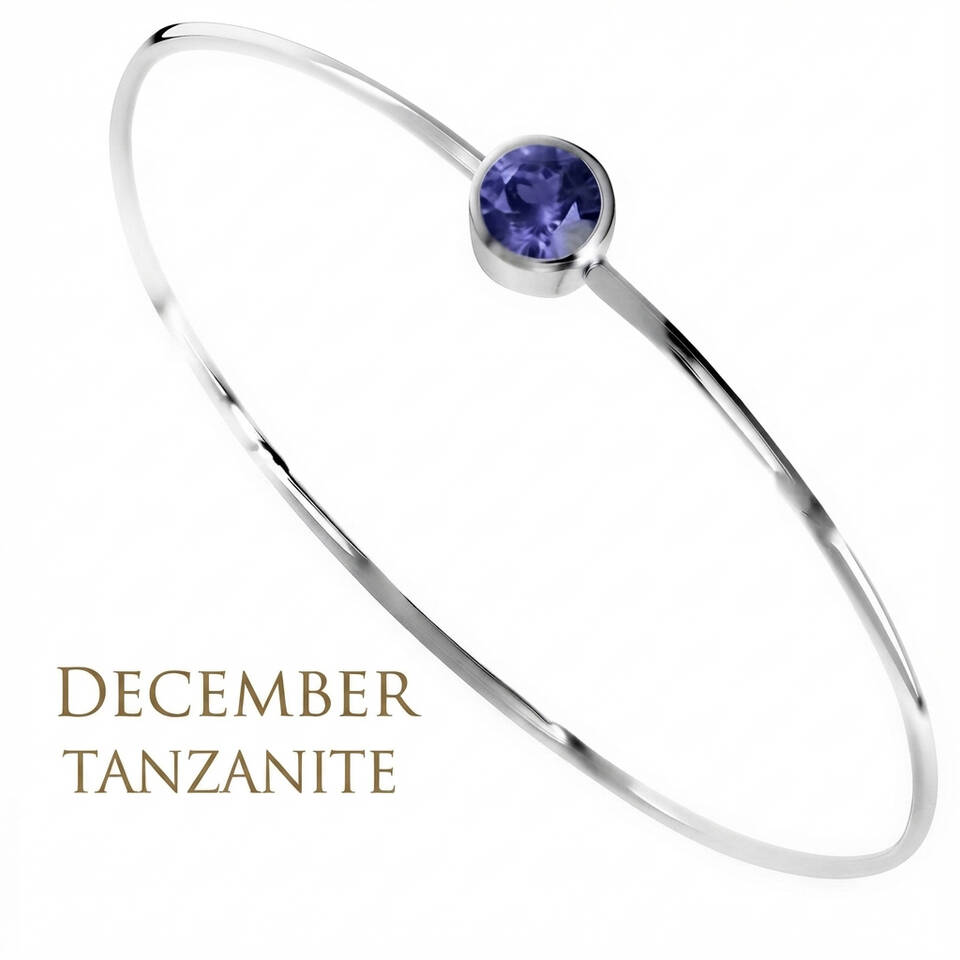 Handmade 5% Welsh silver wire bangle set with a 5mm natural Tanzanite birthstone for December