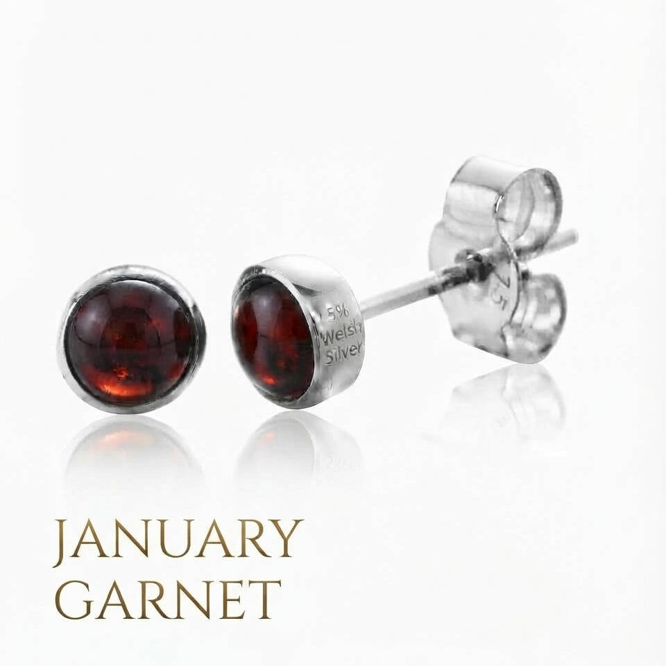 Pair of 5% Welsh silver bezel stud earrings set with 5mm natural Garnet birthstones for January