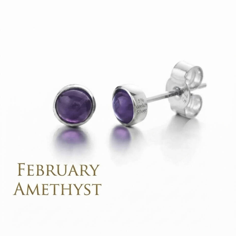 Pair of 5% Welsh silver bezel stud earrings set with 5mm natural Amethyst birthstones for February