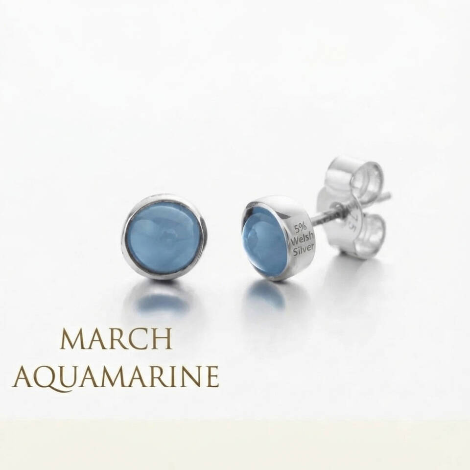 Pair of 5% Welsh silver bezel stud earrings set with 5mm natural Aquamarine birthstones for March