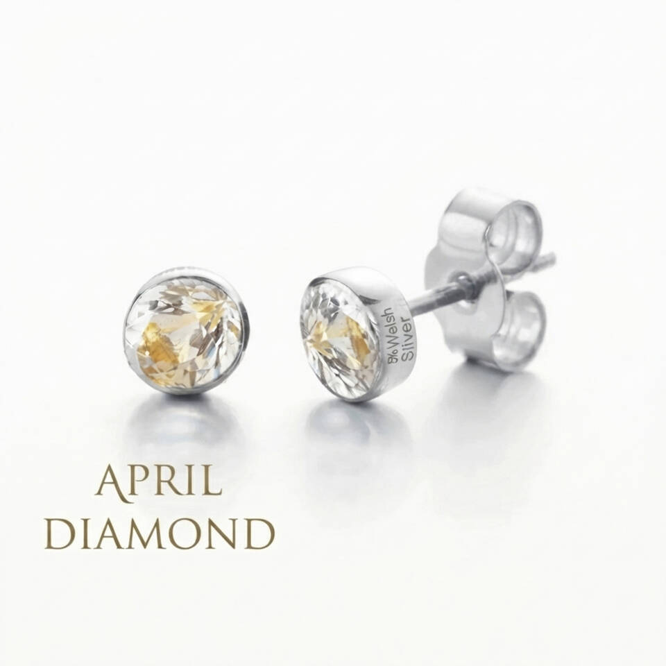 Pair of 5% Welsh silver bezel stud earrings set with 5mm natural Diamond birthstones for April