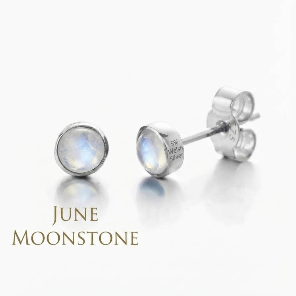 Pair of 5% Welsh silver bezel stud earrings set with 5mm natural Moonstone birthstones for June