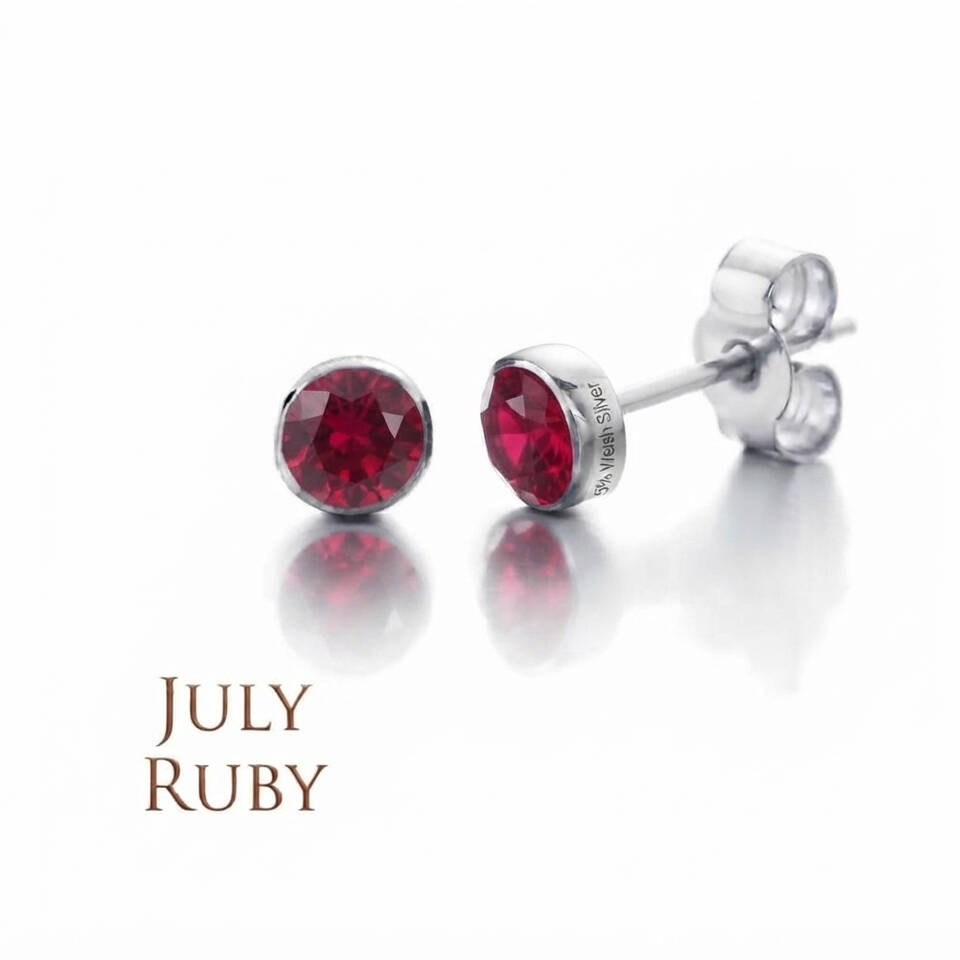 Pair of 5% Welsh silver bezel stud earrings set with 5mm natural Ruby birthstones for July