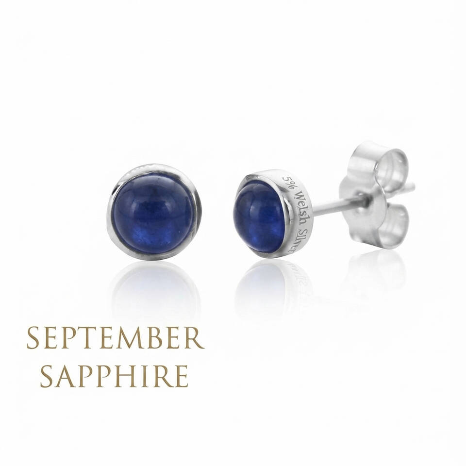 Pair of 5% Welsh silver bezel stud earrings set with 5mm natural Sapphire birthstones for September
