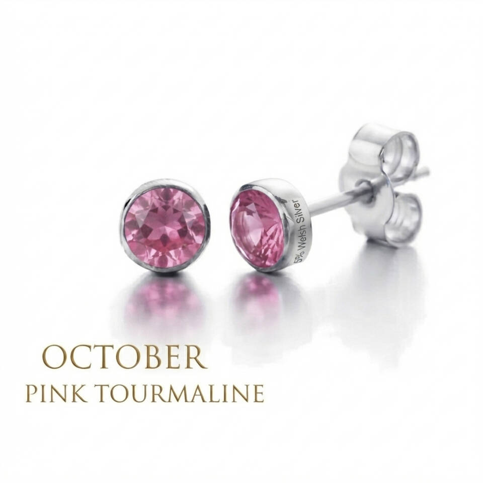 Pair of 5% Welsh silver bezel stud earrings set with 5mm natural Pink Tourmaline birthstones for October