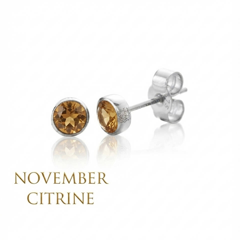 Pair of 5% Welsh silver bezel stud earrings set with 5mm natural Citrine birthstones for November