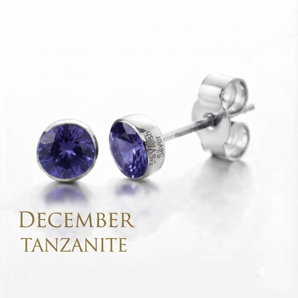 Pair of 5% Welsh silver bezel stud earrings set with 5mm natural Tanzanite birthstones for December