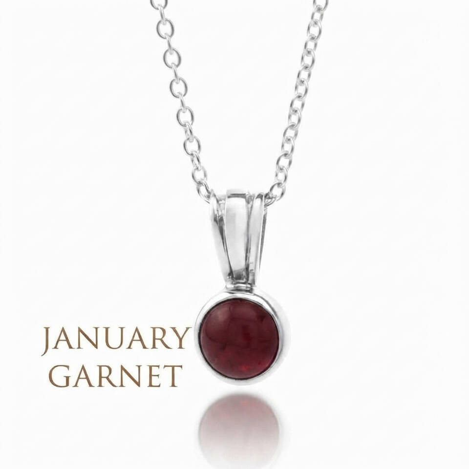 5% Welsh silver bezel pendant set with a 5mm natural Garnet on a sterling silver chain for January