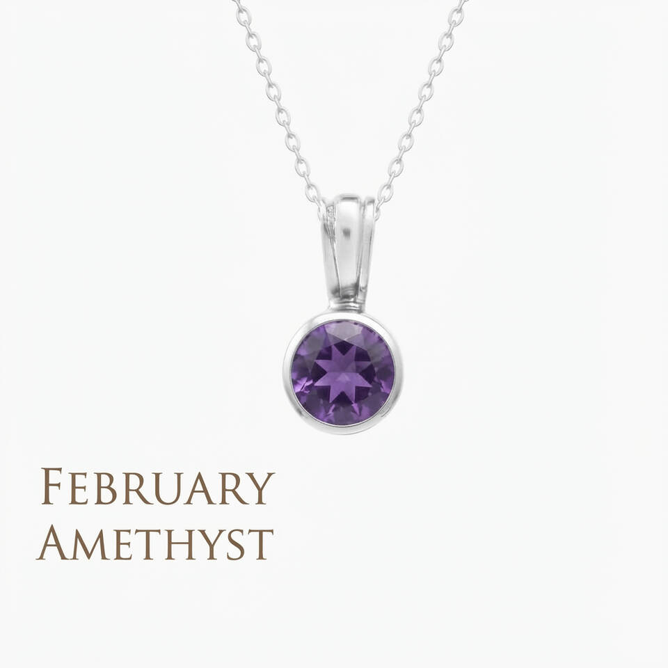 5% Welsh silver bezel pendant set with a 5mm natural Amethyst on a sterling silver chain for February