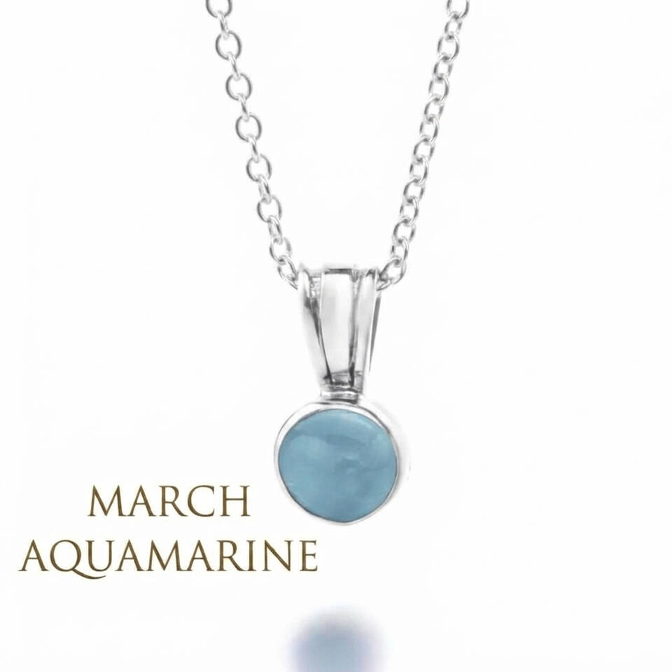 5% Welsh silver bezel pendant set with a 5mm natural Aquamarine on a sterling silver chain for March