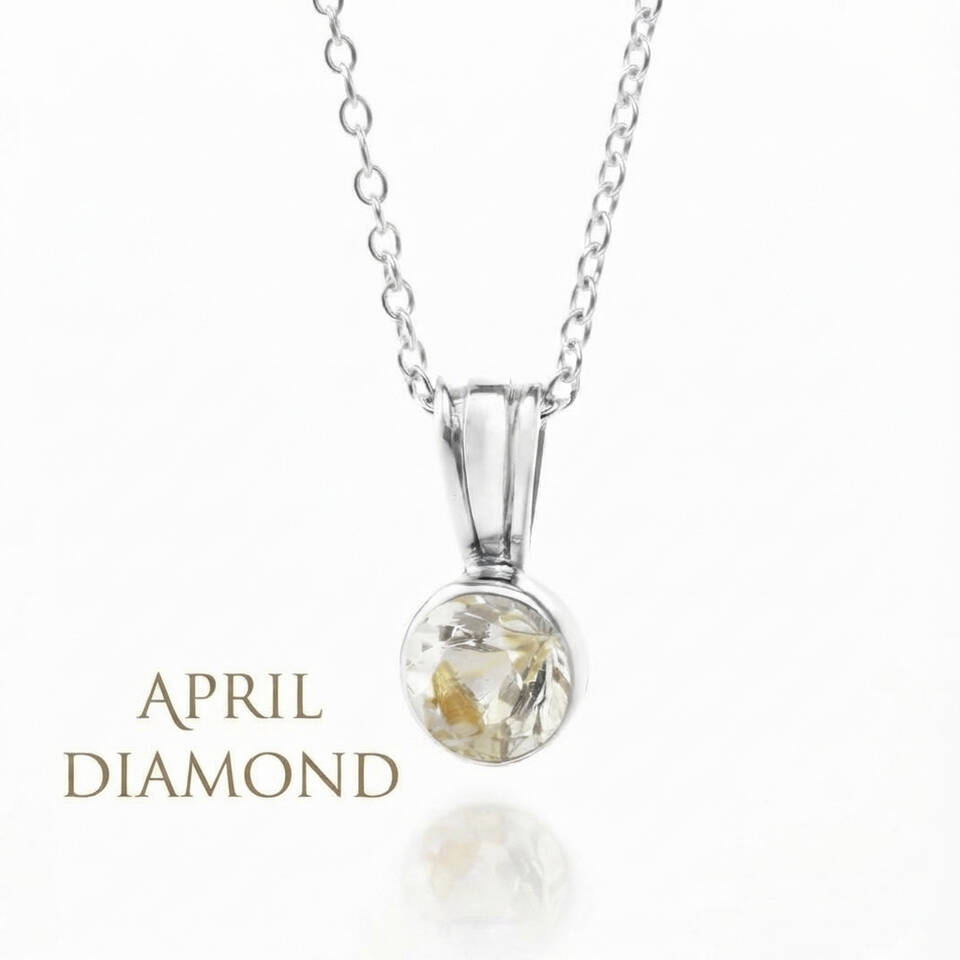5% Welsh silver bezel pendant set with a 5mm natural Diamond on a sterling silver chain for April