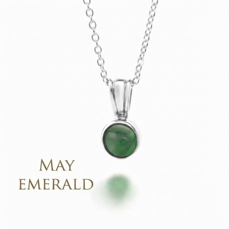 5% Welsh silver bezel pendant set with a 5mm natural Emerald on a sterling silver chain for May