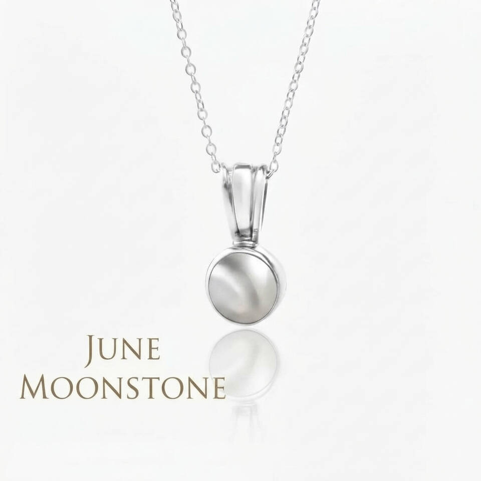 5% Welsh silver bezel pendant set with a 5mm natural Moonstone on a sterling silver chain for June
