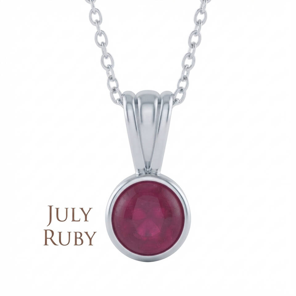 5% Welsh silver bezel pendant set with a 5mm natural Ruby on a sterling silver chain for July